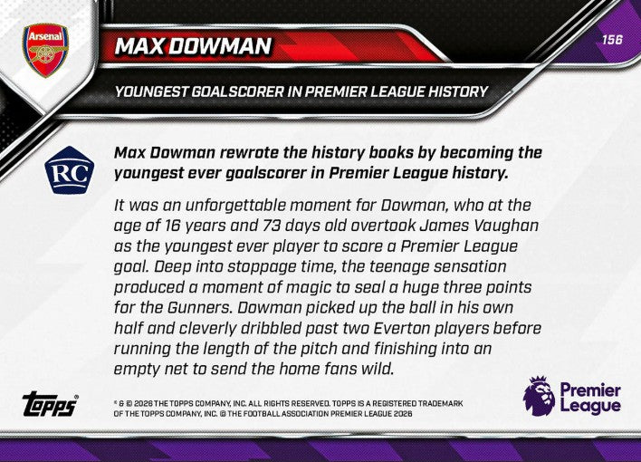 PRE-ORDER Topps NOW Max Dowman 2025-26 Premier League Card 156 Mar25
