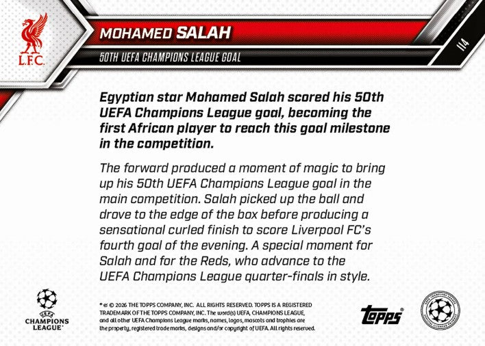 PRE-ORDER Topps NOW Mohamed Salah 2025-26 UCL Card 114 Mar31