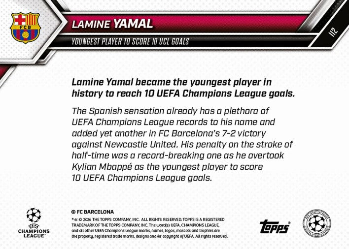 PRE-ORDER Topps NOW Lamine Yamal 2025-26 UCL Card 112 Mar31