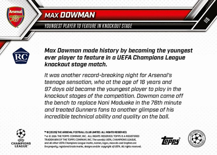 PRE-ORDER Topps NOW Max Dowman 2025-26 UCL Card 116 Apr18