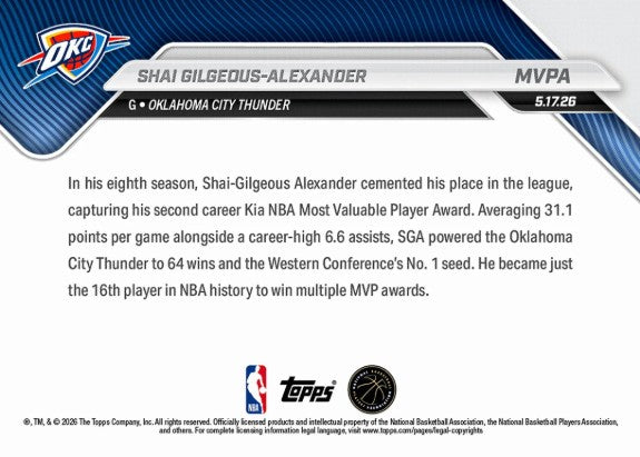 PRE-ORDER Topps NOW Shai Gilgeous-Alexander 2025-26 NBA Card MVPA May20