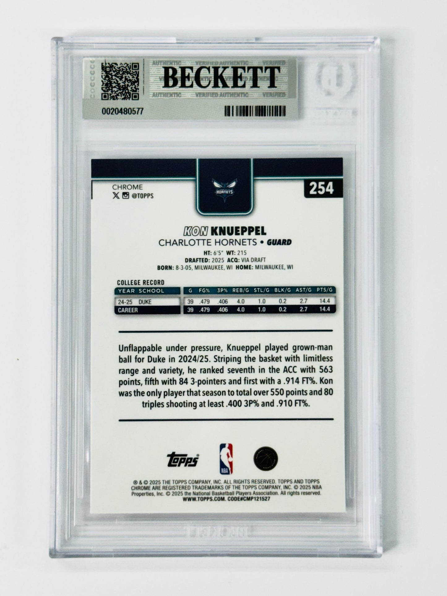 2025-26 Topps Chrome Refractors #254 Kon Knueppel BGS 8 Rookie RC Charlotte Hornets