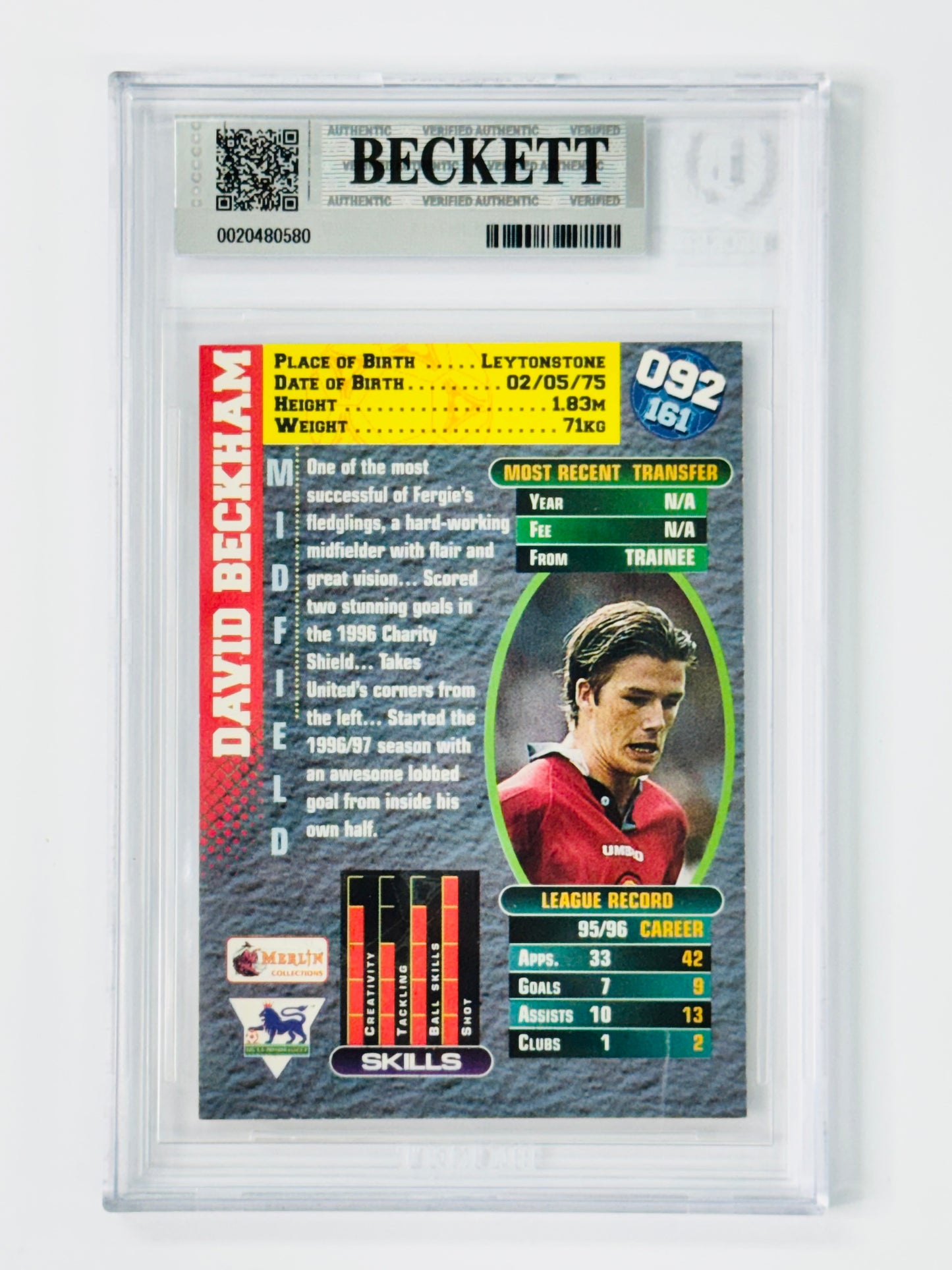 1996-97 Merlin Premier Gold England #92 David Beckham BGS 8 Manchester United
