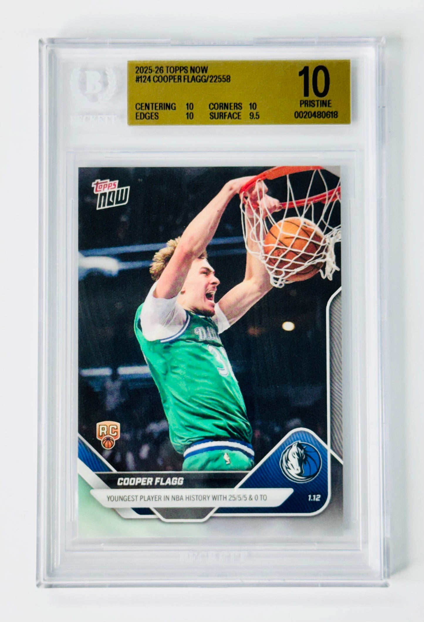 2025-26 Topps Now #124 Cooper Flagg /22558 BGS 10 Rookie RC Dallas Mavericks
