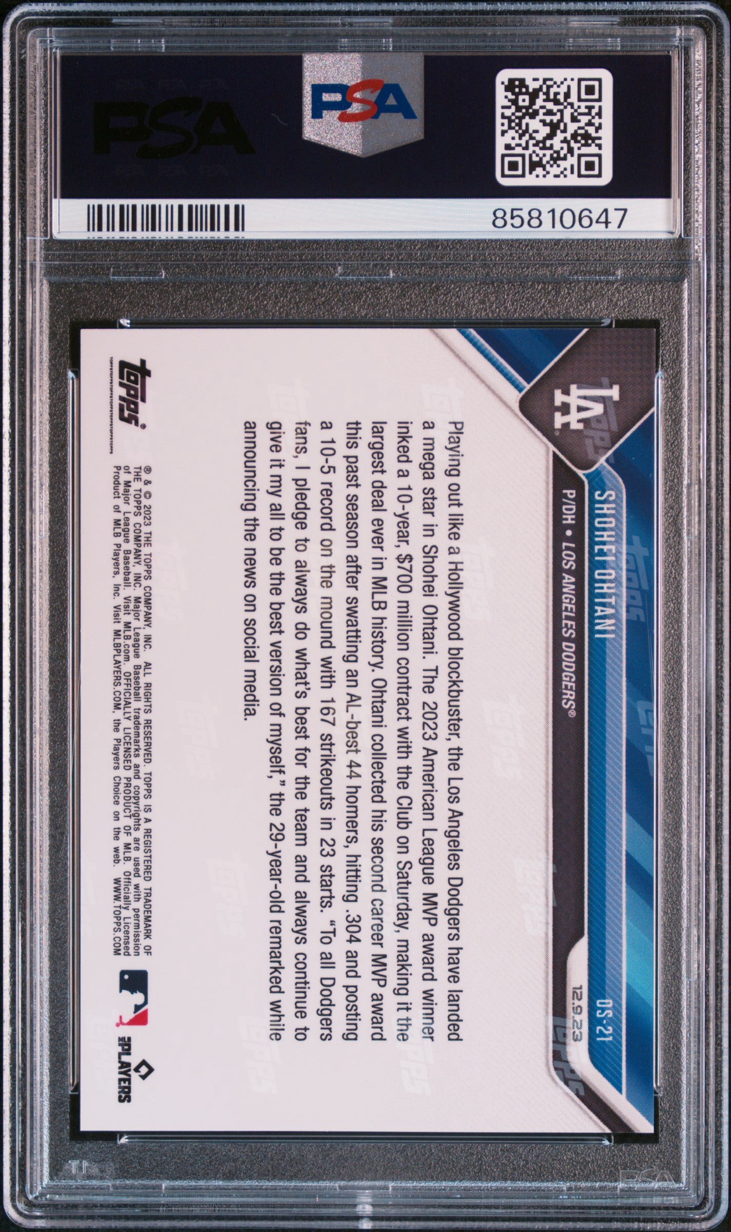 2023 Topps Now Offseason #OS21 Shohei Ohtani PSA 10 LA Dodgers Signed