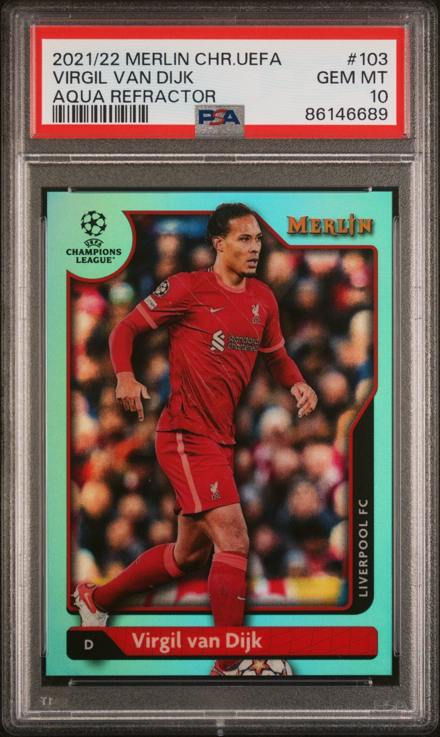2021-22 Topps Merlin Chrome UEFA League #103 Virgil Van Dijk Aqua Refractor /199 PSA 10 POP1