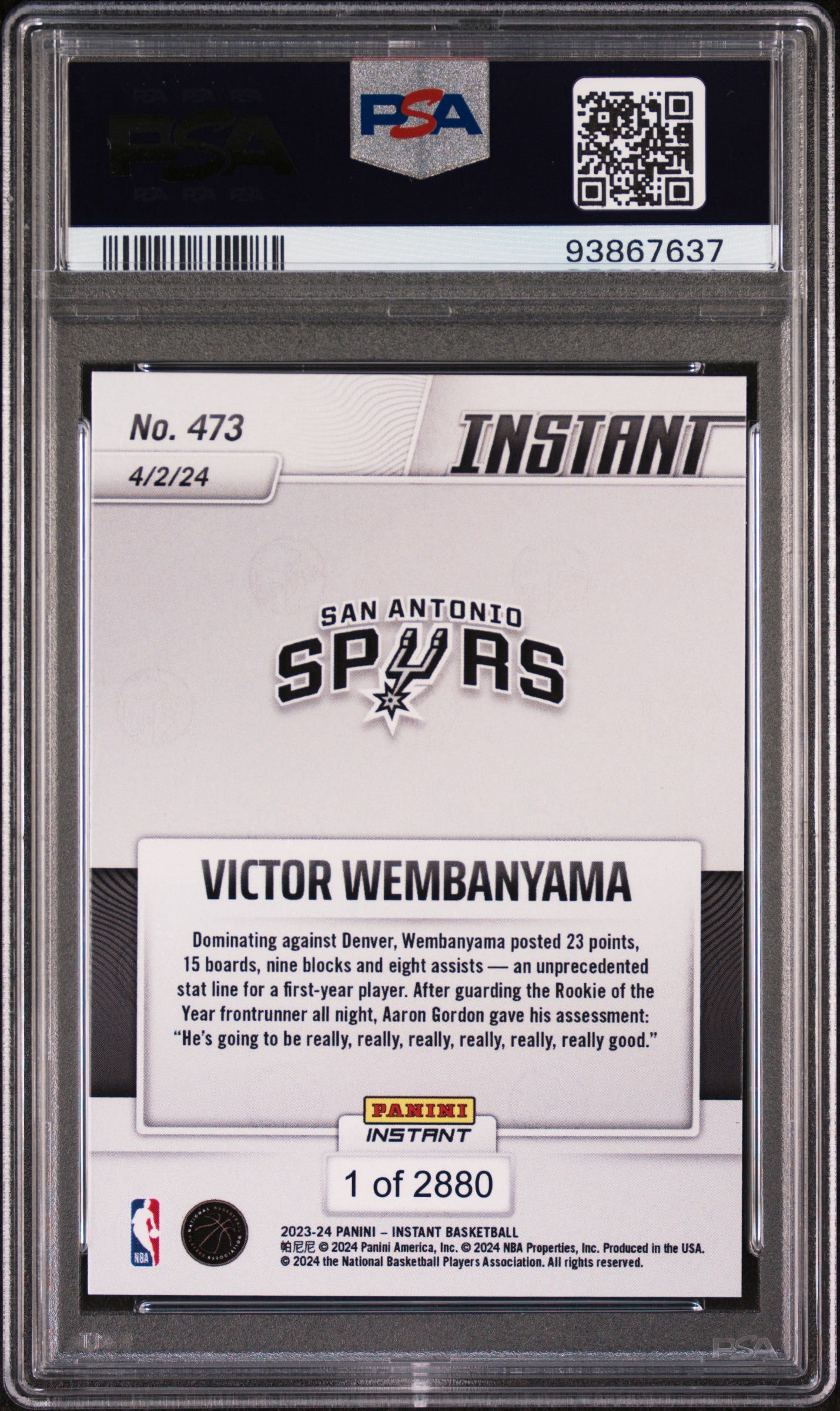 2023 Panini Instant #473 Victor Wembanyama Rookie RC PSA 10