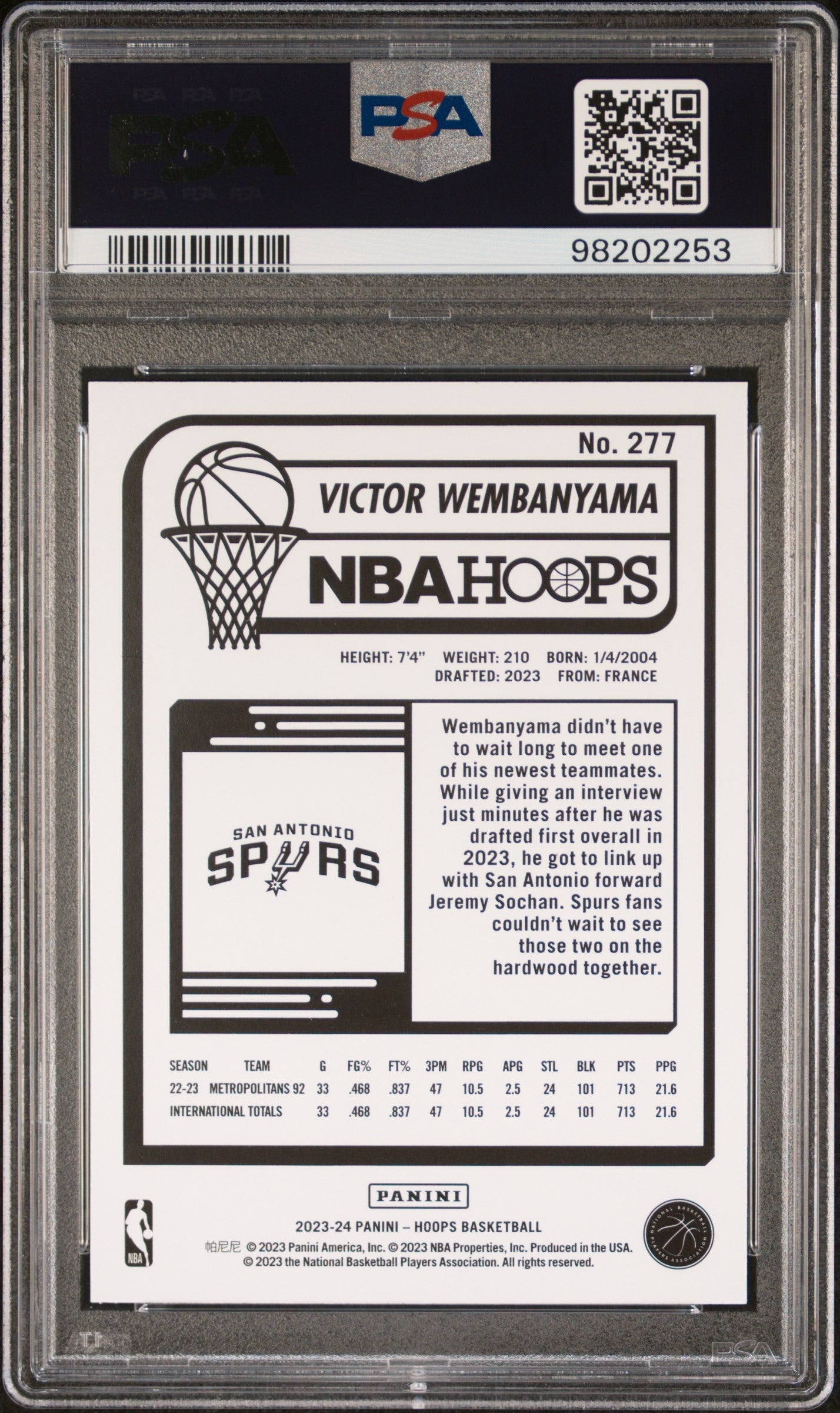 2023 Panini NBA Hoops #277 Victor Wembanyama PSA 10 Rookie RC Spurs