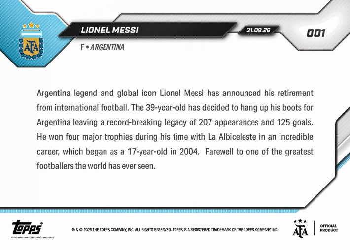 PRE-ORDER Topps Now Lionel Messi 2026 Argentina Card 1 Sep10