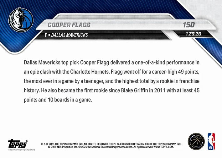 Cooper Flagg 2025-26 NBA Topps NOW Card 150 Rookie RC Dallas Mavericks