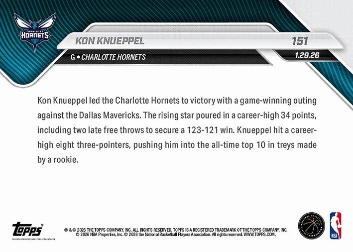Kon Knueppel 2025-26 NBA Topps NOW Card 151 Rookie RC Charlotte Hornets