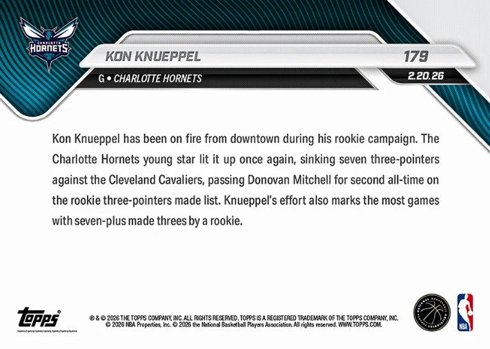 Kon Knueppel 2025-26 NBA Topps NOW Card 179 Rookie RC Charlotte Hornets