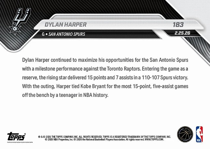 Dylan Harper 2025-26 NBA Topps NOW Card 183 Rookie RC San Antonio Spurs