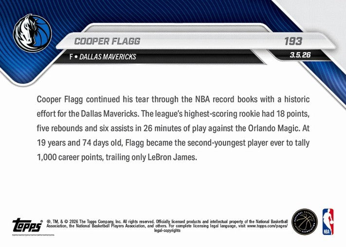 Cooper Flagg 2025-26 NBA Topps NOW Card 193 Rookie RC Dallas Mavericks