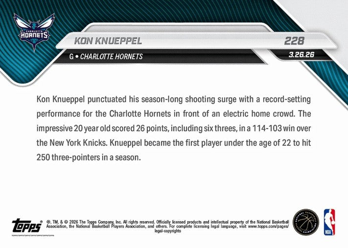 Kon Knueppel 2025-26 NBA Topps NOW Card 228 Rookie RC Charlotte Hornets