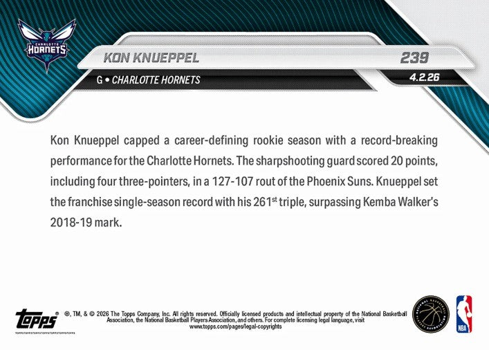 Kon Knueppel 2025-26 NBA Topps NOW Card 239 Rookie RC Charlotte Hornets