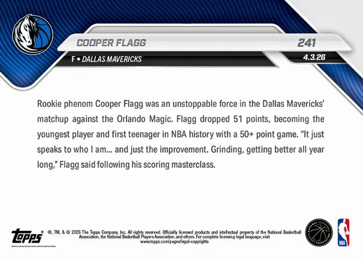 Cooper Flagg 2025-26 NBA Topps NOW Card 241 Rookie RC Dallas Mavericks