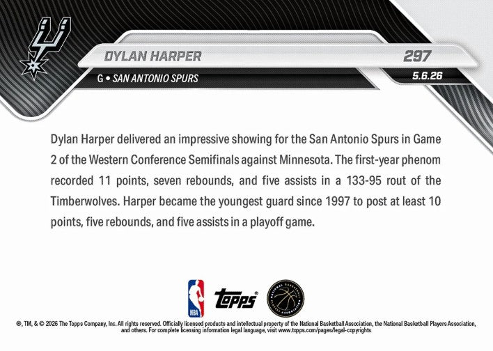 Dylan Harper 2025-26 NBA Topps NOW Card 297 Rookie RC San Antonio Spurs