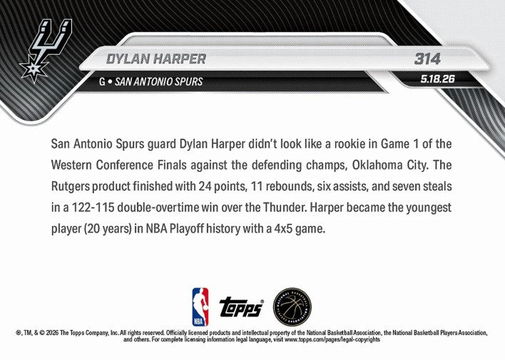 Dylan Harper 2025-26 NBA Topps NOW Card 314 Rookie RC San Antonio Spurs