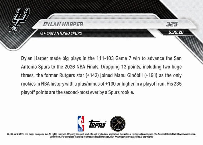 Dylan Harper 2025-26 NBA Topps NOW Card 325 Rookie RC San Antonio Spurs