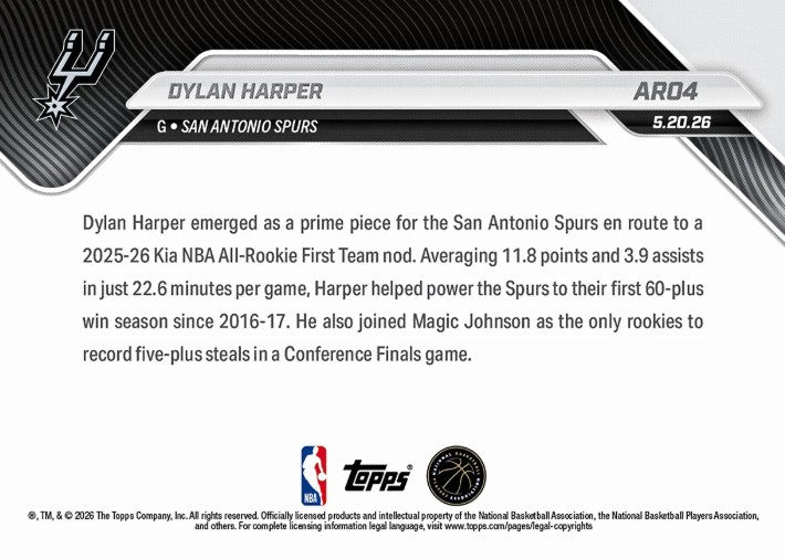 Dylan Harper 2025-26 NBA Topps NOW Card AR04 Rookie RC San Antonio Spurs