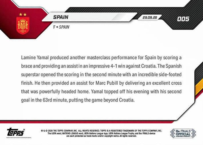 PRE-ORDER Topps Now Lamine Yamal 2026-27 UEFA Nations League Card 5 Oct12 Spain