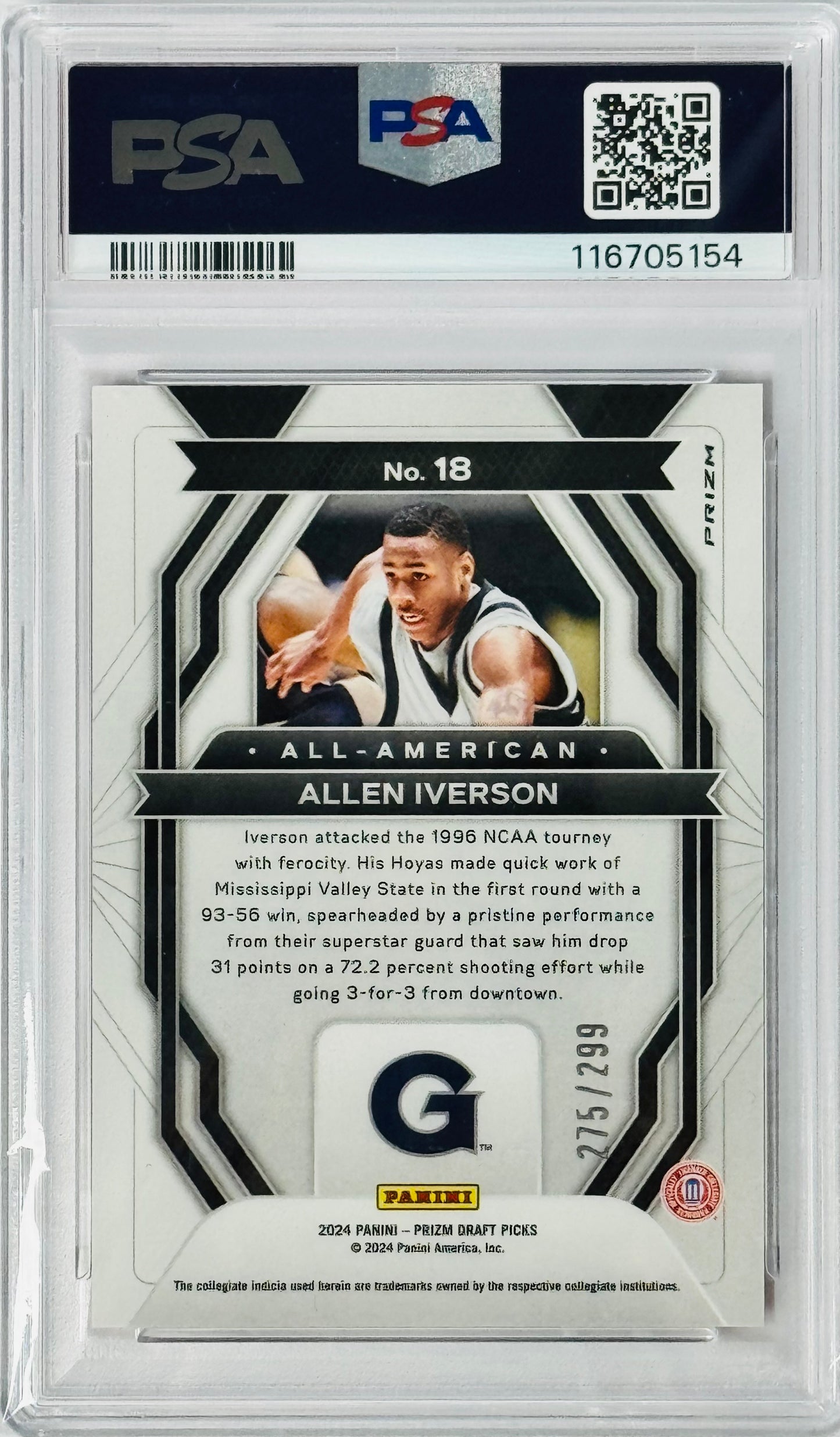 Panini Prizm Draft Picks All-American 18 Allen Iverson 275/299 2024 PSA 10 Red Pulsar